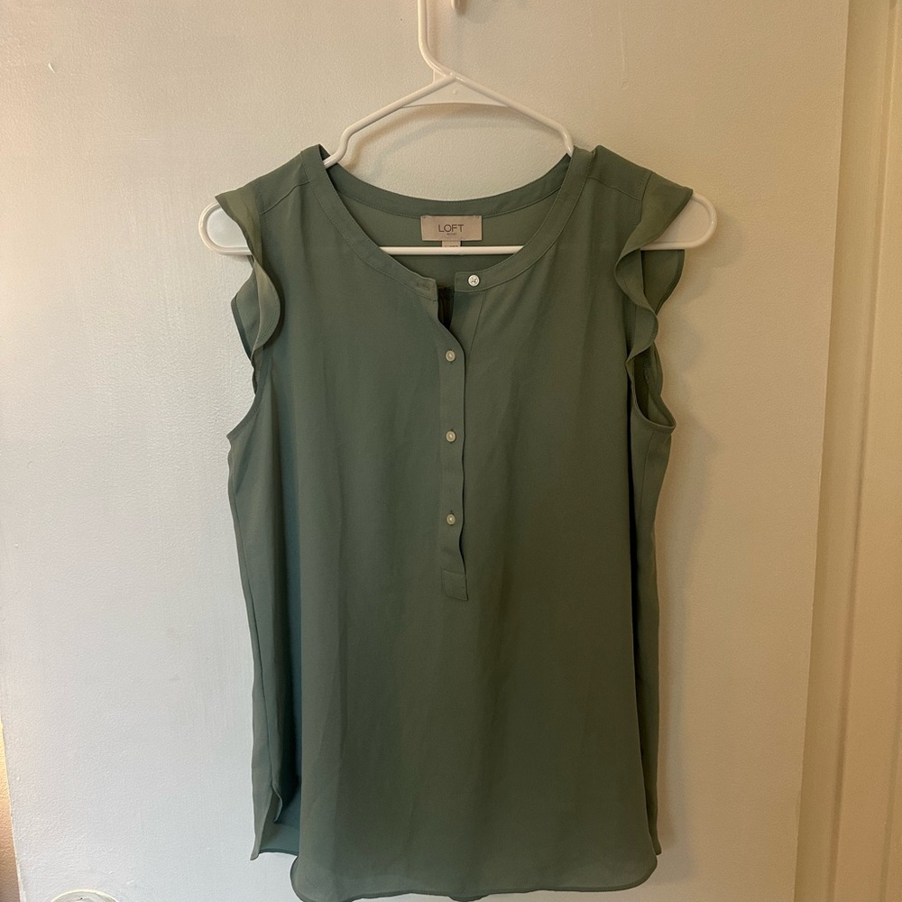 LOFT Sleeveless Ruffle Henley Top in Sage Green